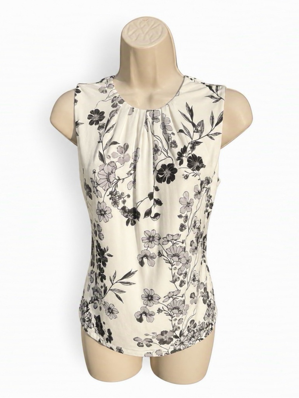 Calvin Klein White Floral Pleated Neck Sleeveless Top